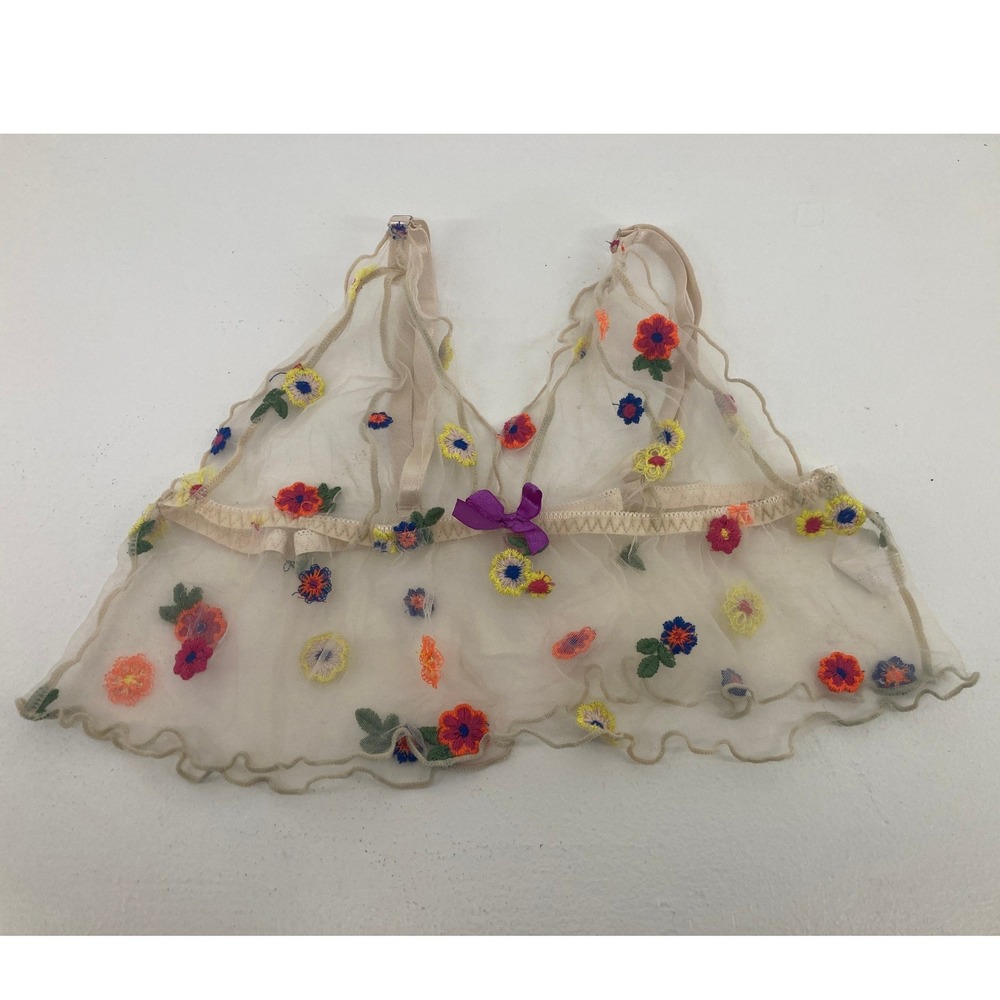 Coachella Music Festival Sheer Bralette Embroidered Wildflowers Fairycore Twee